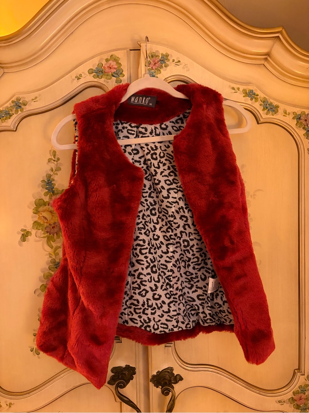 Plush Faux Fur Red Vest with Leopard Print Lining